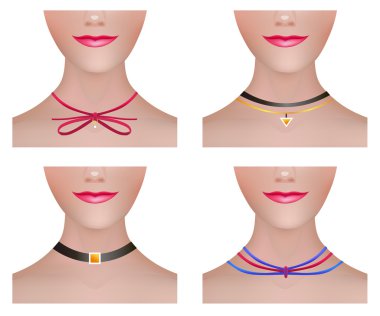 Modern Kolye Choker Aksesuarları ile Model Boyun Seti. Moda Vektör İllüstrasyon.