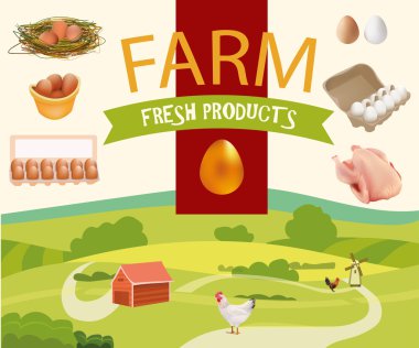 Yumurta ürünleri gerçekçi simgeler ile kırsal çiftlik manzara. Vektör çizim