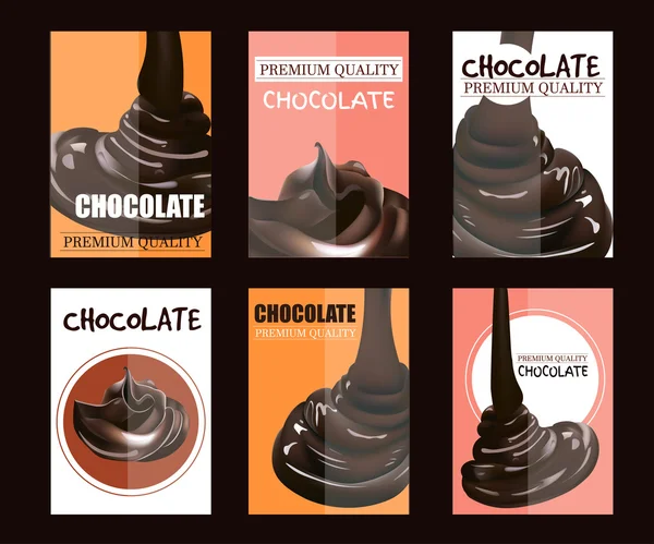 Set van posters met gesmolten gieten chocolade. Ontwerp van de verpakking. Vector sjabloon illustratie. Dessert achtergrond. — Stockvector