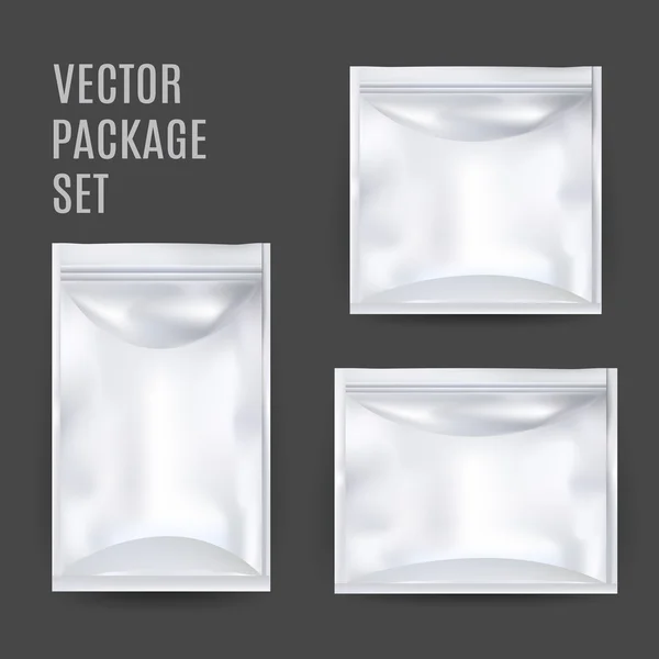 White Blank Foil Food Snack Sachet Bag Packaging For Coffee, Salt, Sugar, Pepper, Spices, Sachet, Sweets, Chips, Cookies. Вектор усуває ілюстрації ізольовані. — стоковий вектор