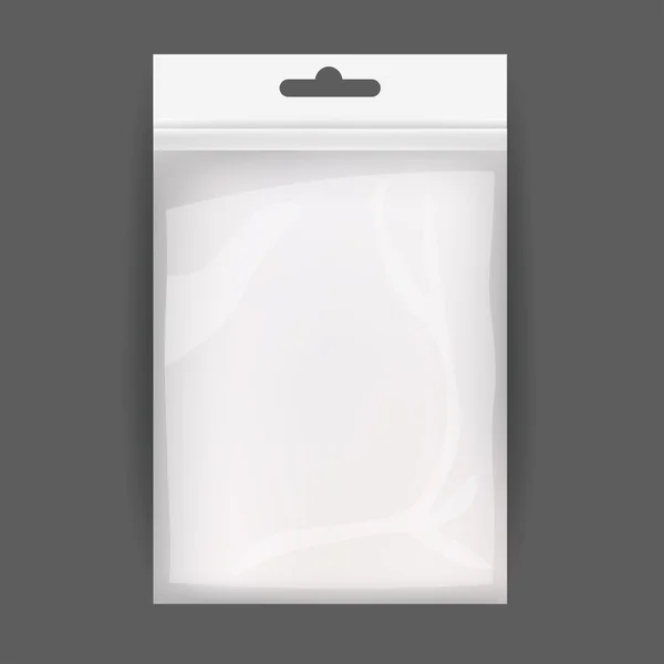 White Blank Plastic Realistic Pocket Bag. Hang Slot. Vector Illustration Isolated . Mock Up Template Ready For Your Design. — Stock Vector