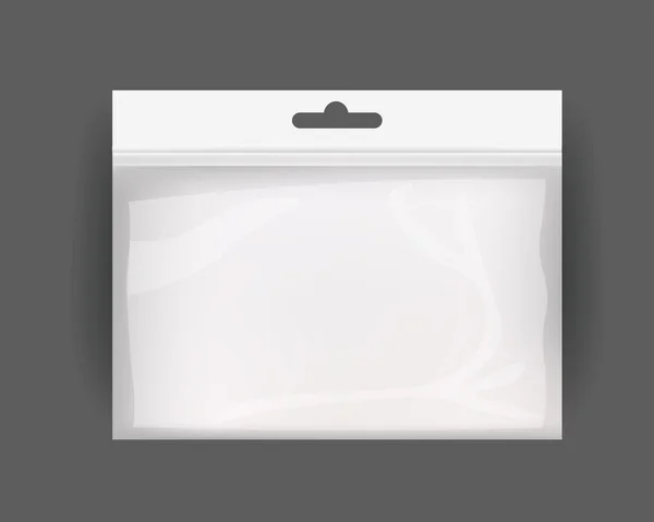 Bolso de bolsillo realista de plástico blanco en blanco. Ranura de suspensión. Ilustración vectorial aislada. Plantilla Mock Up lista para su diseño . — Archivo Imágenes Vectoriales