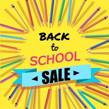 Okul satışı için tekrar. Arka plan üstbilgi ile renkli kalemler ile. Hoş geldiniz. Poster, afiş, broşür Template.Vector illüstrasyon.