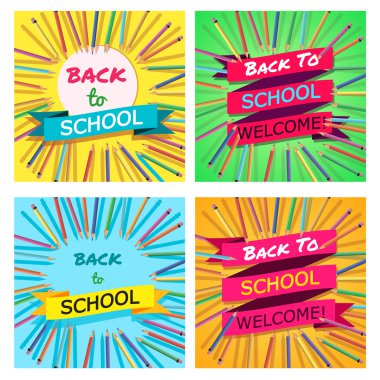 Okul setine geri dönelim. Başlık ile Renkli Kalemler ile Arka Plan. Hoş geldi -niz. Poster,Banner ,Broşür Şablonu.Vektör İllüstrasyon.