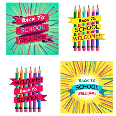 Okul setine geri dönelim. Başlık ile Renkli Kalemler ile Arka Plan. Hoş geldi -niz. Poster,Banner ,Broşür Şablonu.Vektör İllüstrasyon.