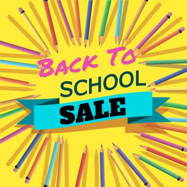 Okul satışı için tekrar. Arka plan üstbilgi ile renkli kalemler ile. Hoş geldiniz. Poster, afiş, broşür Template.Vector illüstrasyon.