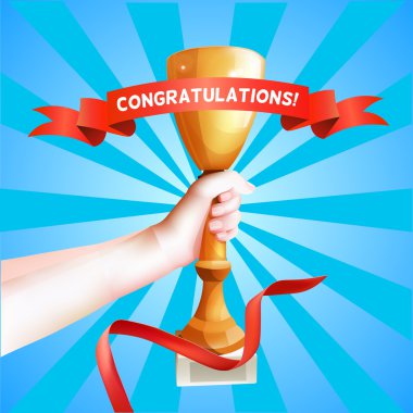Kupa kadar tutan el. Vektör kazanan Kupası illüstrasyon kırmızı kurdele ile Tebrikler ile.