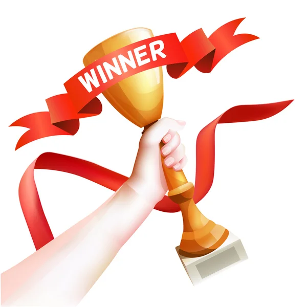 Mano sosteniendo el trofeo. Vector Winner Cup Illustration with Red Winner Ribbon. Fondo blanco — Vector de stock