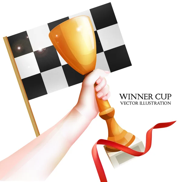 Trofeo di rapina a mano. Vector Winner Cup Illustrazione con nastro rosso e bandiera a scacchi. Sfondo bianco — Vettoriale Stock