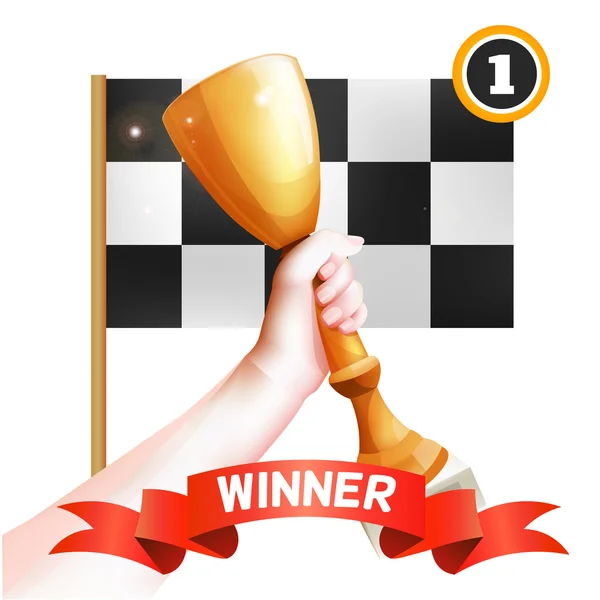 Mano sosteniendo el trofeo. Vector Winner Cup Illustration with Red Winner Ribbon and Checkered Flag. Fondo blanco — Archivo Imágenes Vectoriales