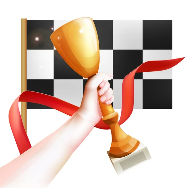 Hand hält Trophäe hoch. Vektor-Siegerpokal-Abbildung mit roter Schleife und karierter Fahne. weißer Hintergrund — Stockvektor
