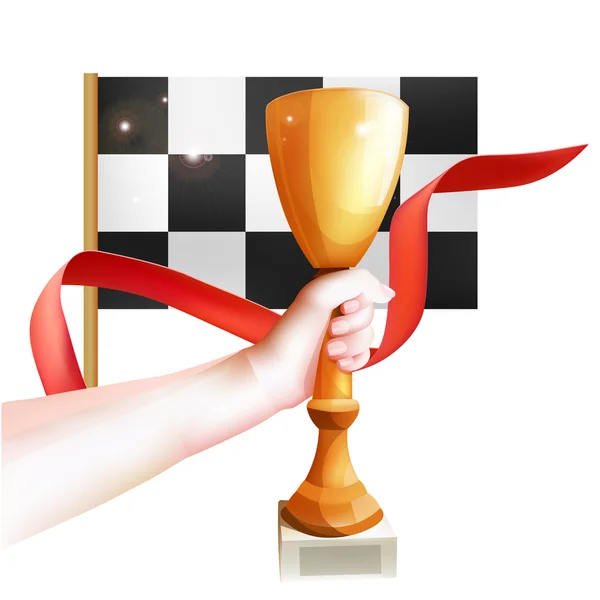 Trophée mains levées. Vector Winner Cup Illustration avec ruban rouge et drapeau à carreaux. fond blanc — Image vectorielle