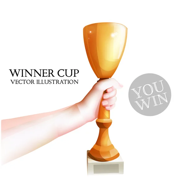 Mano sosteniendo el trofeo. Vector Winner Cup Illustration. Fondo blanco — Vector de stock