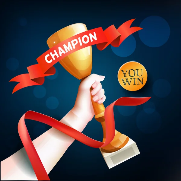 Trophée mains levées. Illustration Vector Winner Cup avec ruban Champion Rouge . — Image vectorielle