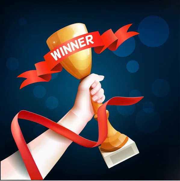Trophée mains levées. Illustration Vector Winner Cup avec ruban rouge . — Image vectorielle