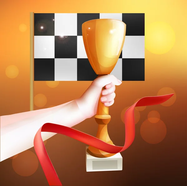 Trophée mains levées. Illustration Vector Winner Cup avec ruban rouge et drapeau à carreaux — Image vectorielle