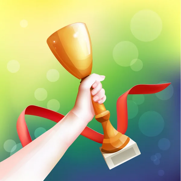 Trofeo di rapina a mano. Vector Winner Cup Illustration. Nastro rosso . — Vettoriale Stock