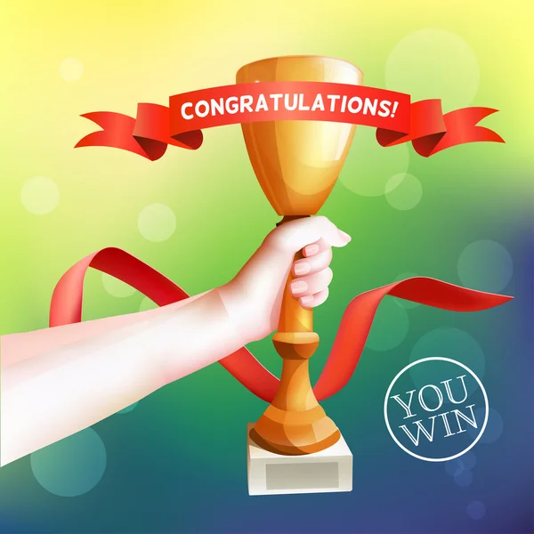 Hand met beker. Winnaar Beker vectorillustratie met rood lint met Gefeliciteerd. — Stockvector