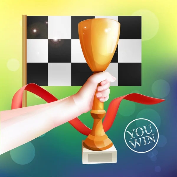 Trophée mains levées. Illustration Vector Winner Cup avec ruban rouge et drapeau à carreaux — Image vectorielle