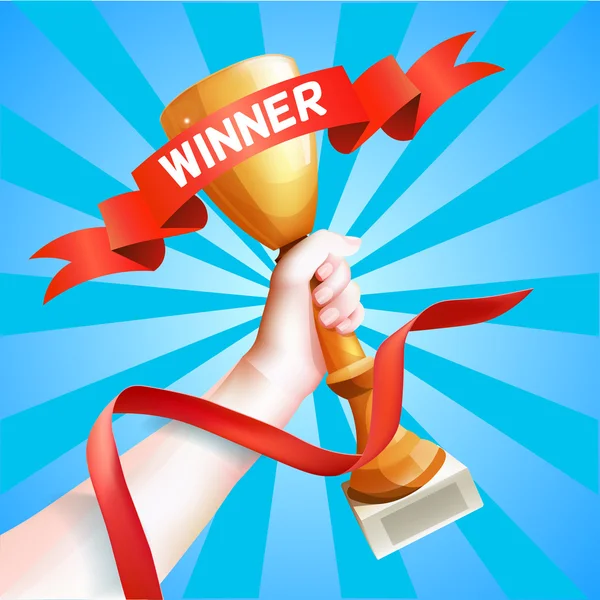 Hand met beker. Winnaar Beker vectorillustratie met rode winnaar lint. — Stockvector