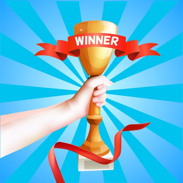 Hand met beker. Winnaar Beker vectorillustratie met rode winnaar lint. — Stockvector