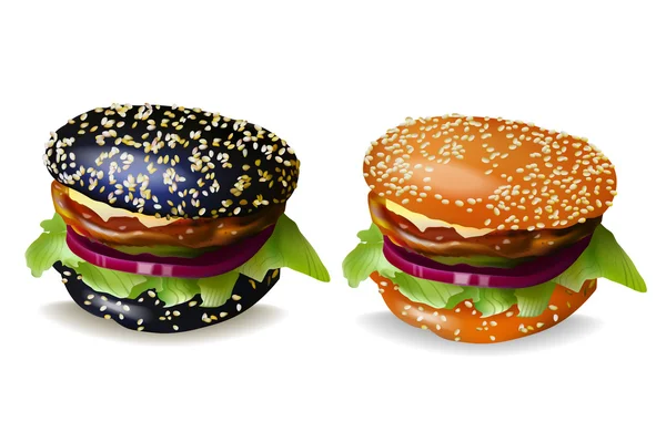 黑汉堡和奶酪汉堡矢量插图 — 图库矢量图片
