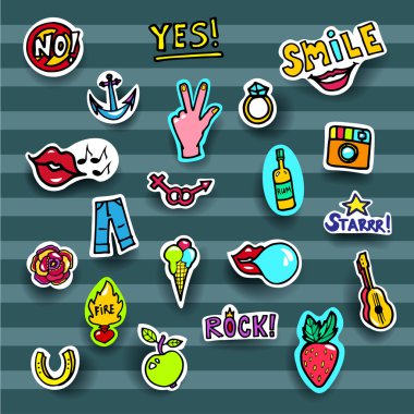 Moda Yamalar Seti. Modern Pop Art Çıkartmalar. Gül, Dudaklar, Eller, Kot pantolon, ateş. Vektör İllüstrasyonu.