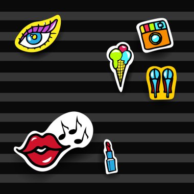 Moda yamalar ayarlayın. Modern Pop Art çıkartma. Gözü, dudakları, dondurma, Lipstic. Vektör çizim.