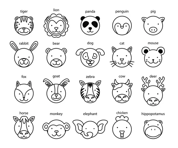 Line Animal Head Simge Seti. Vektör İllüstrasyonu.