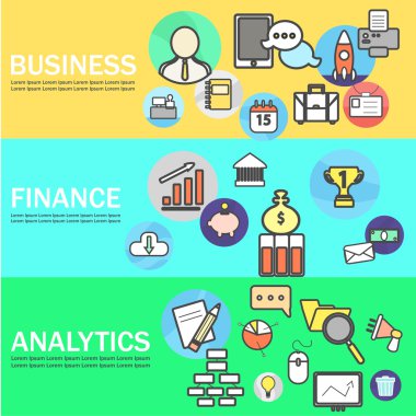 İş, finans ve Analytics afiş ile çizgi kutsal kişilerin resmi. Vektör çizim