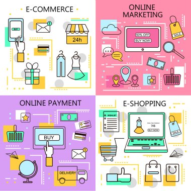 E-Ticaret Online Alışveriş, Pazarlama, Online Ödeme Banners. Iş. İnternet ve mobil pazarlama konsepti. Web ve cep telefonu hizmetleri ve uygulamaları için. Vektör Çizgisi Çizimi.