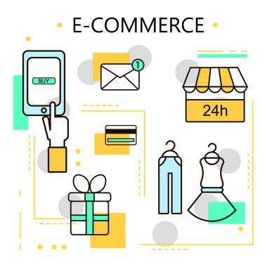 E-ticaret ve Online alışveriş iş. Internet ve mobil pazarlama kavramı. Web ve mobil telefon hizmetleri ve uygulamaları için. Vektör hat illüstrasyon.
