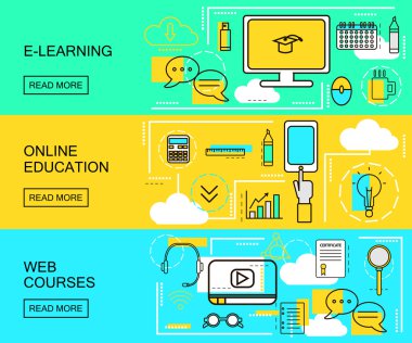 E-öğrenme, Online Eğitim ve Web Kursları yatay afiş. Uzaktan Eğitimler. İnce çizgi stiline sahip Simgeler üzerinde çalışın. vektör İllüstrasyon