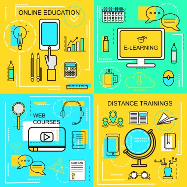 E-learning,Online Ecucation, Web Courses and Distance trainings concept.Thin Line icons. Vector Illustration. Banners for web ,network, site, social media. clipart