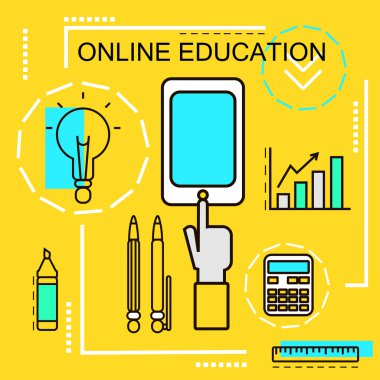 Online Eğitim afiş kavramı. E-öğrenme. İnce çizgi simgeler. Vektör Illustration.For web afiş ve promosyon malzemeleri.