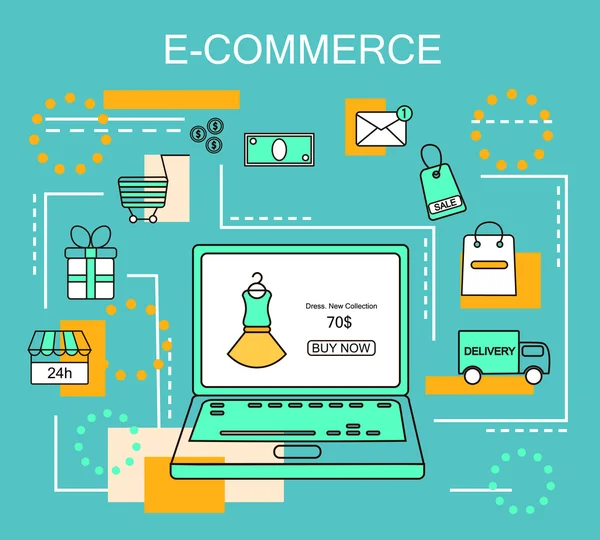 E-Commerce și Online Shopping Business. Internetul și conceptul de marketing mobil. Pentru servicii de telefonie web și mobilă.Vector Line Illustration . — Vector de stoc