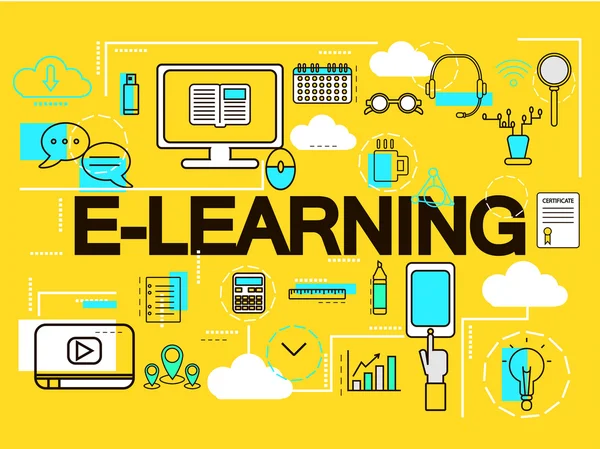 E-learning banner concept. Online onderwijs. Dunne lijn iconen. Vector illustratie. voor webbanners en promotiemateriaal. — Stockvector