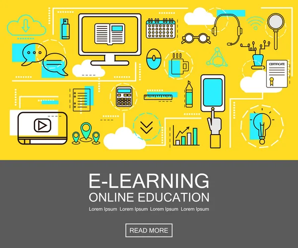 Concepto de banner de aprendizaje electrónico. Educación en línea. Iconos de línea delgada. Vector Illustration.For web, red, sitio, redes sociales . — Vector de stock