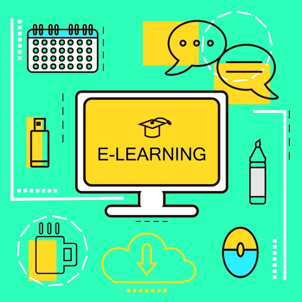 E-Learning banner koncepció. Online oktatás. Vékony vonal ikonok. Vector illusztráció. Web bannerek és promóciós anyagok. — Stock Vector