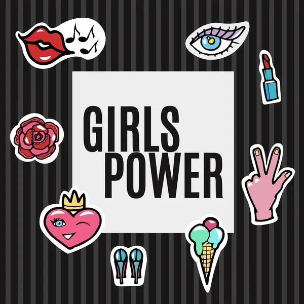 Mode patchar uppsättning. Girls Power. modern popkonst klistermärken. Läppar, hand, hjärta, öga. Vektor illustration. — Stock vektor