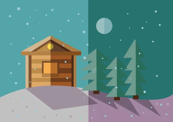 Ilustración plana del paisaje de invierno con casa villiage, árboles, nieve y luna — Vector de stock