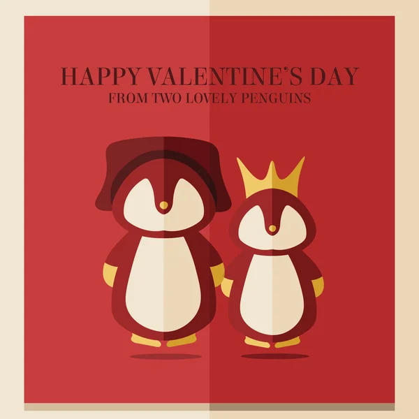 Tarjeta de día de San Valentín vector con ilustración de dos pingüinos en marco cuadrado rojo — Archivo Imágenes Vectoriales