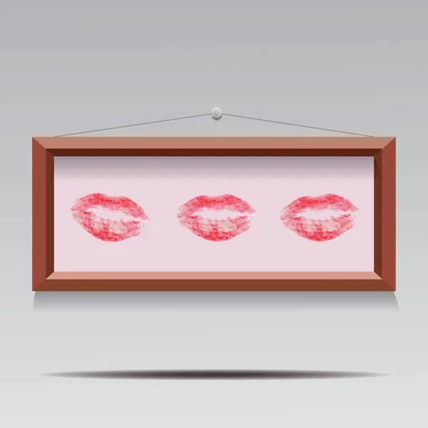 Illustrazione vettoriale di tre baci lipstici in cornice di legno — Vettoriale Stock