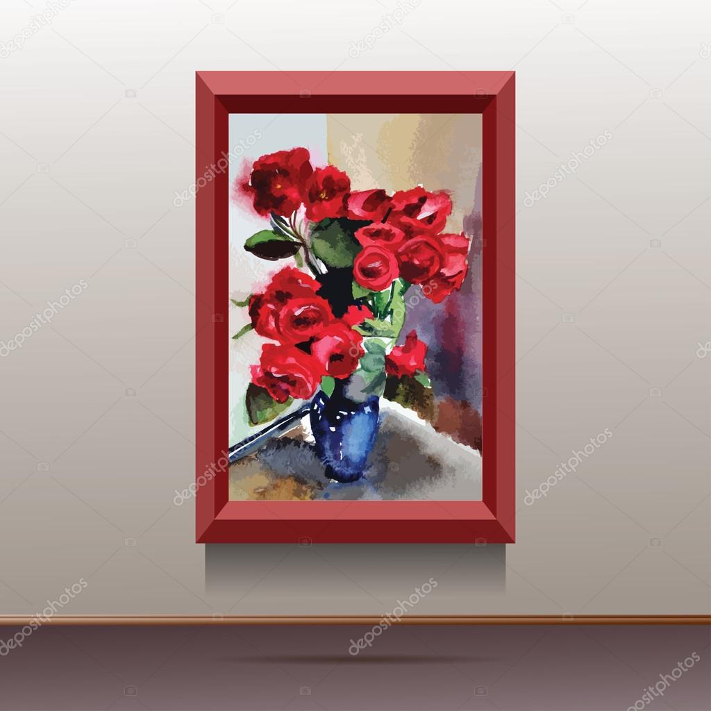 illustration of canvas on the wall with flowers in blue vase