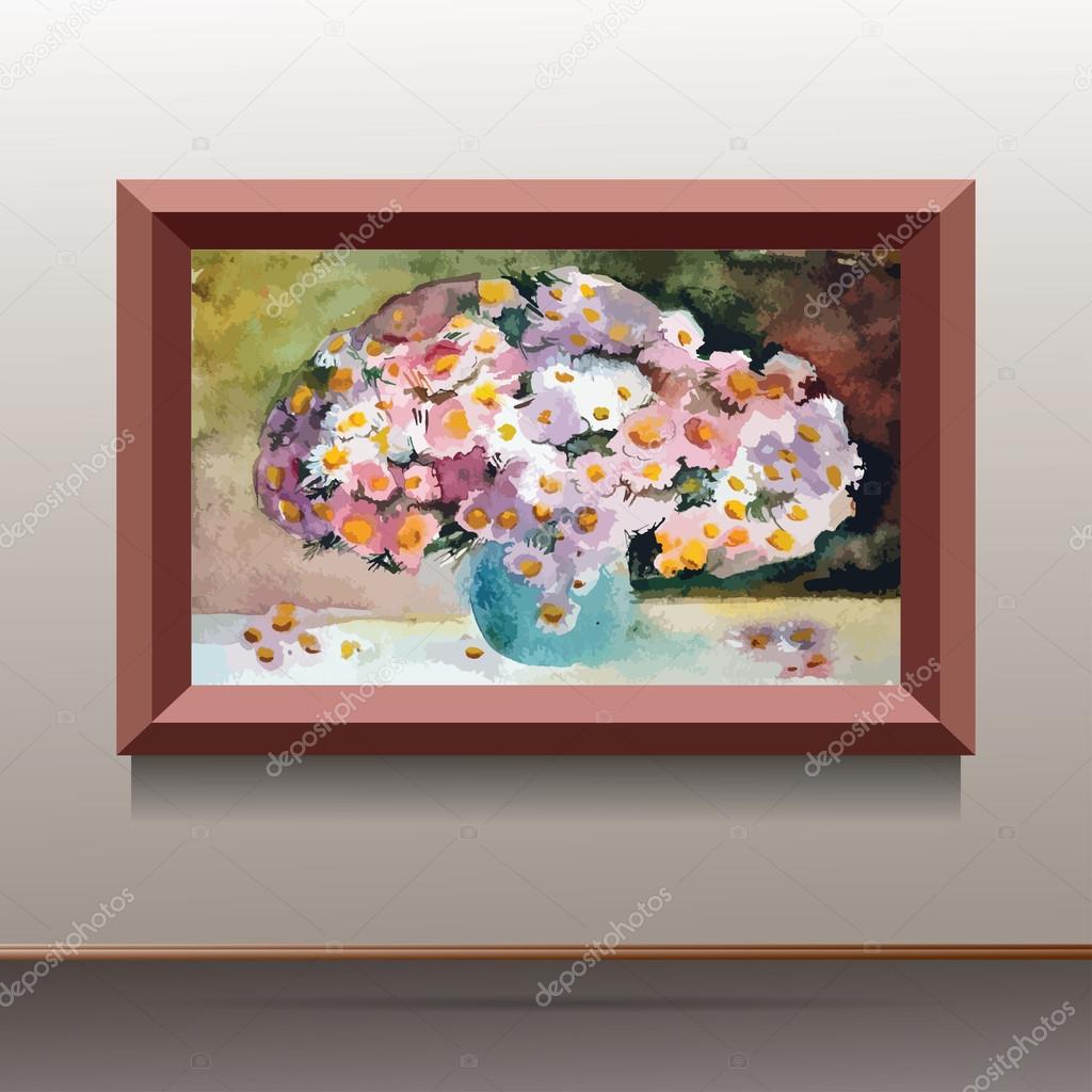 illustration of canvas on the wall with flowers in green vase