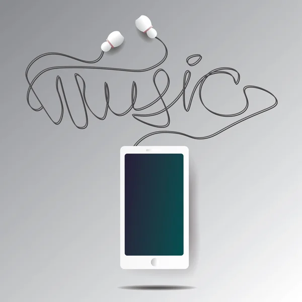 Realistische Illustration von Smartphone und Kopfhörer mit Wortmusik aus Draht — Stockvektor
