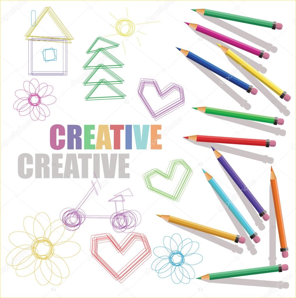 Matite di colore con disegni di bambini e testo creativo — Vettoriale Stock