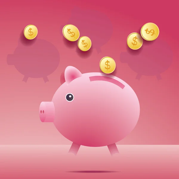 Милий рожевий векторні гроші свиняча ілюстрація з доларовими монетами — стоковий вектор