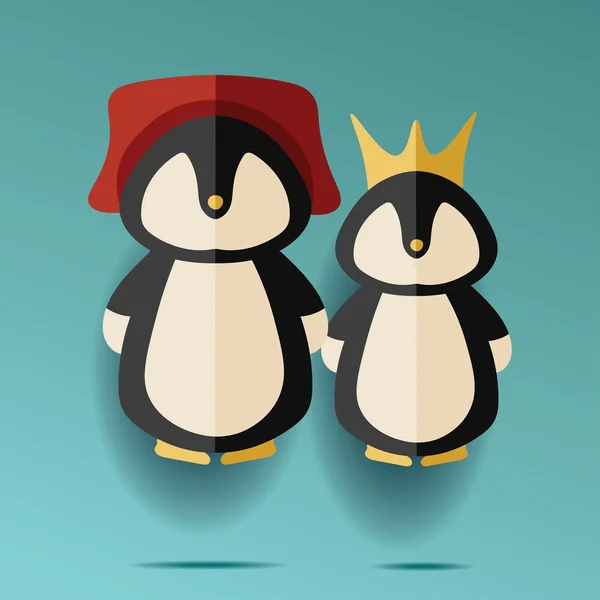 Ilustração de dois pinguins masculinos e femininos em chapéu e coroa — Vetor de Stock