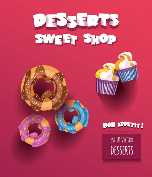 Vektoros illusztráció két cupcakes és desszert édes bolt és bon appetit címmel három fánk — Stock Vector